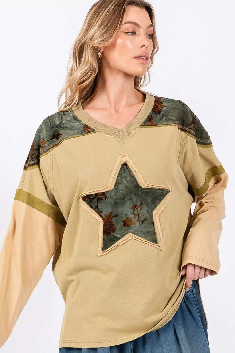 SAGE + FIG Star Patch Long Sleeve Color Block T-Shirt - Trendsi - Flyclothing LLC