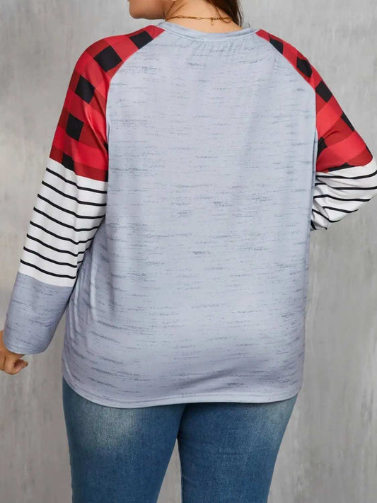 Plus Size Christmas Tree Plaid Round Neck Long Sleeve T-Shirt - Trendsi - Flyclothing LLC