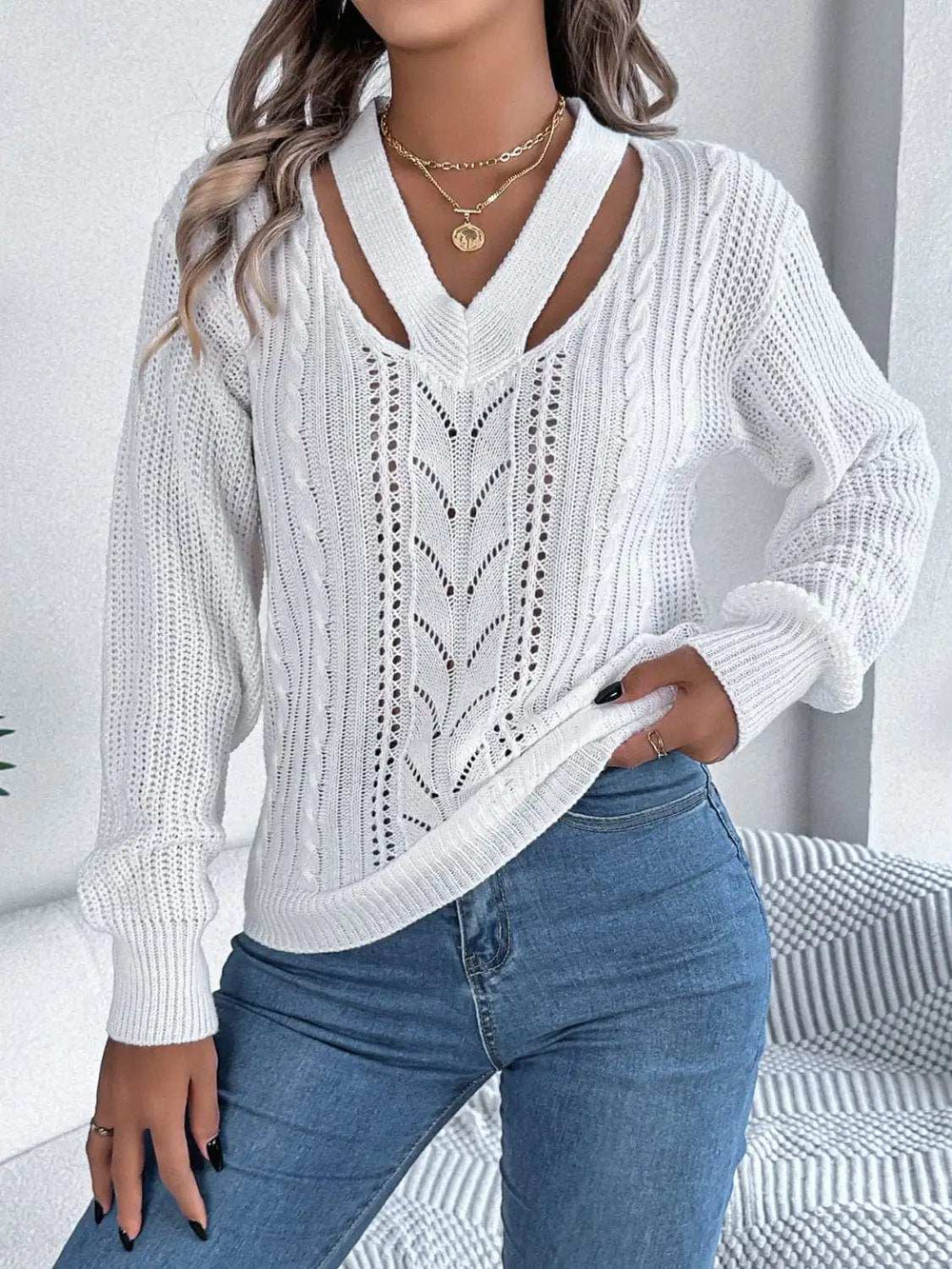 Cutout V-Neck Long Sleeve Sweater - Trendsi - Flyclothing LLC
