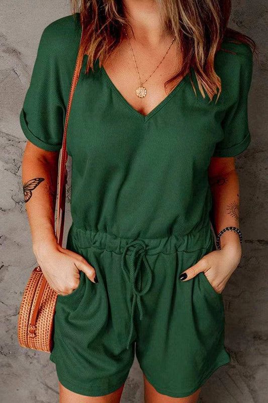 Full Size Drawstring V-Neck Short Sleeve Romper - Trendsi - Flyclothing LLC