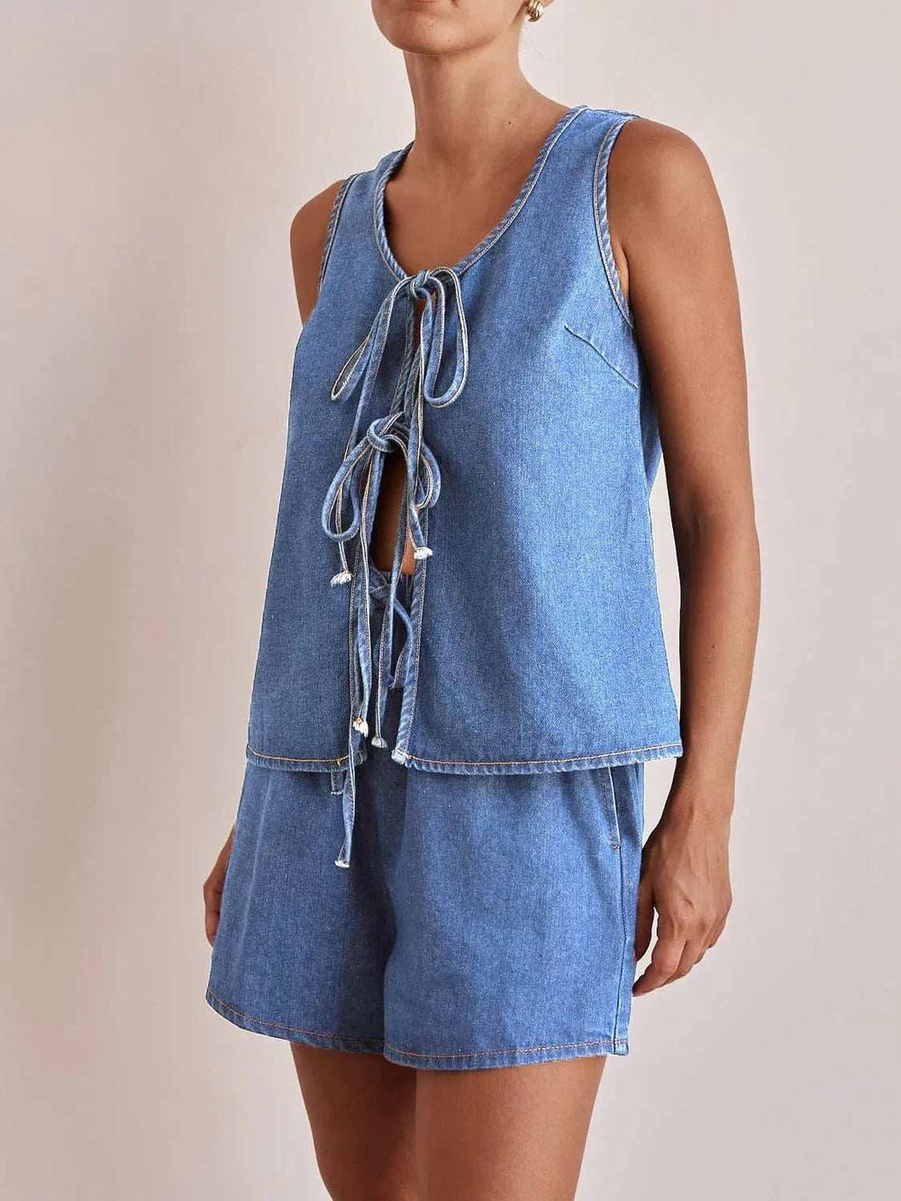Tie Front Vest and Shorts Denim Set - Trendsi - Flyclothing LLC