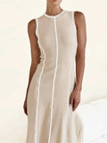 Contrast Stitching Round Neck Sleeveless Midi Dress - Trendsi - Flyclothing LLC