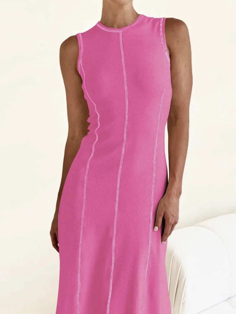 Contrast Stitching Round Neck Sleeveless Midi Dress - Trendsi - Flyclothing LLC