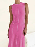 Contrast Stitching Round Neck Sleeveless Midi Dress - Trendsi - Flyclothing LLC