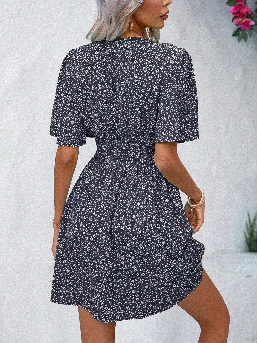 Printed V-Neck Half Sleeve Mini Dress - Trendsi - Flyclothing LLC