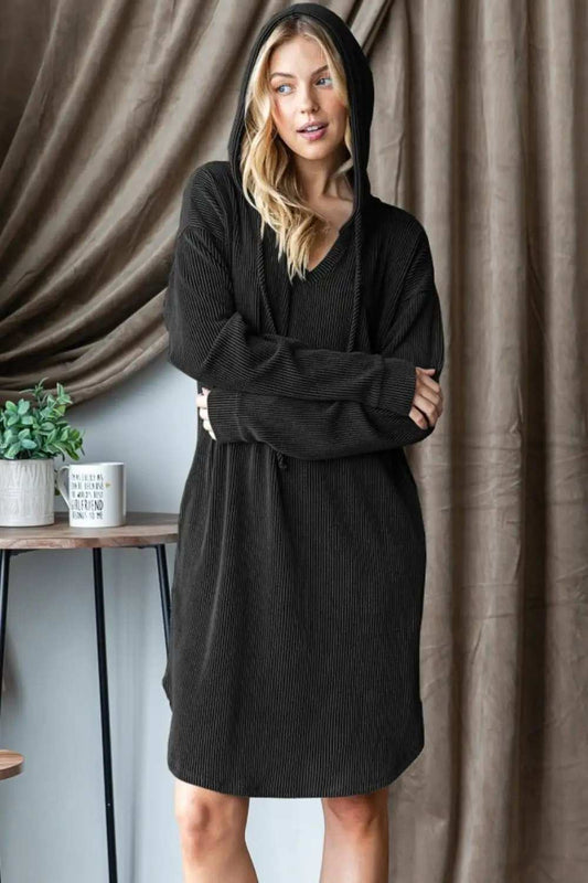 Heimish Ribbed Long Sleeve Hooded Dress - Trendsi - Flyclothing LLC