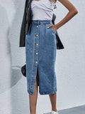 Buttoned Denim Skirt with Pockets - Trendsi - Flyclothing LLC