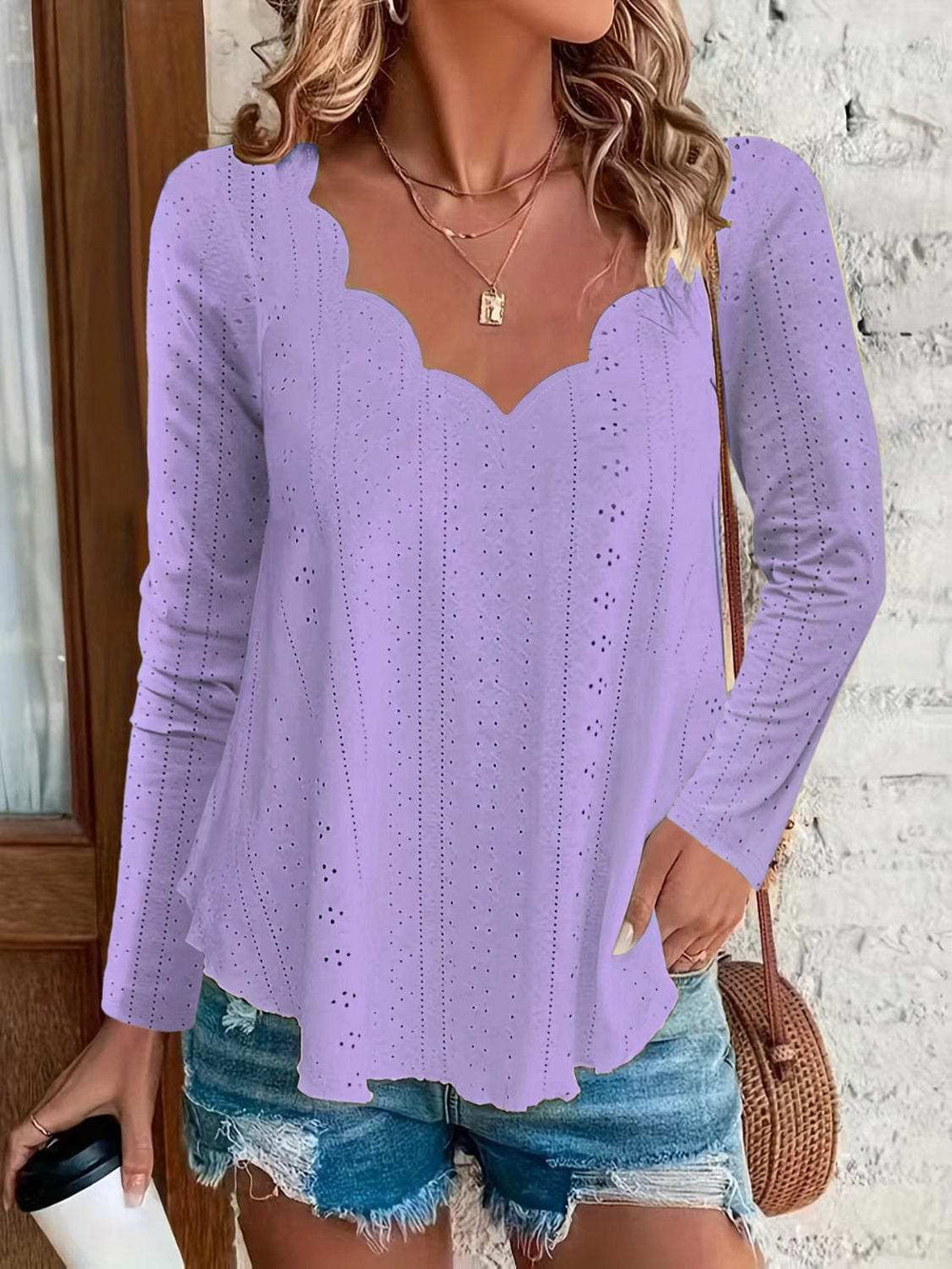 Eyelet Long Sleeve Blouse - Trendsi - Flyclothing LLC
