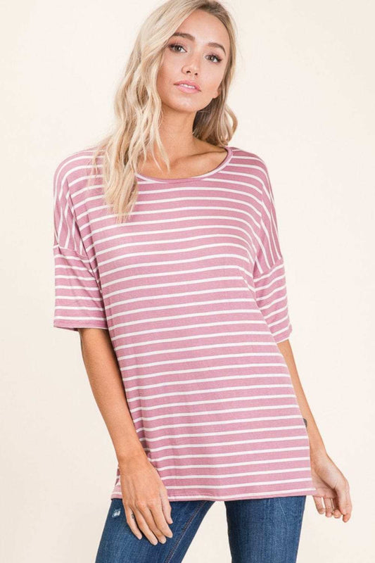 BOMBOM Striped Round Neck Half Sleeve T-Shirt - Trendsi - Flyclothing LLC