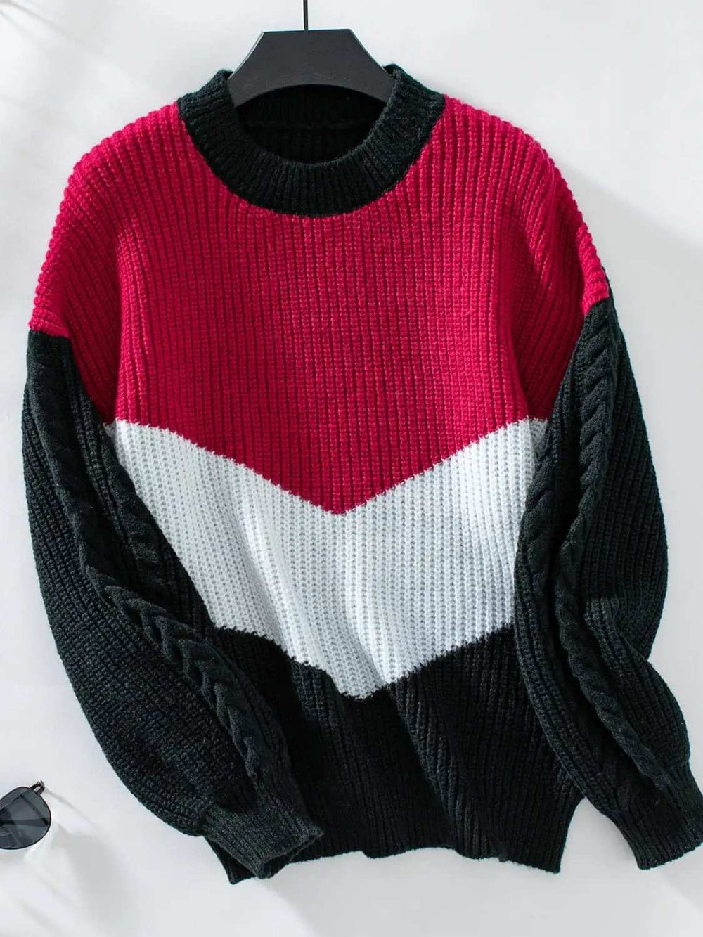 Contrast Round Neck Long Sleeve Sweater - Trendsi - Flyclothing LLC