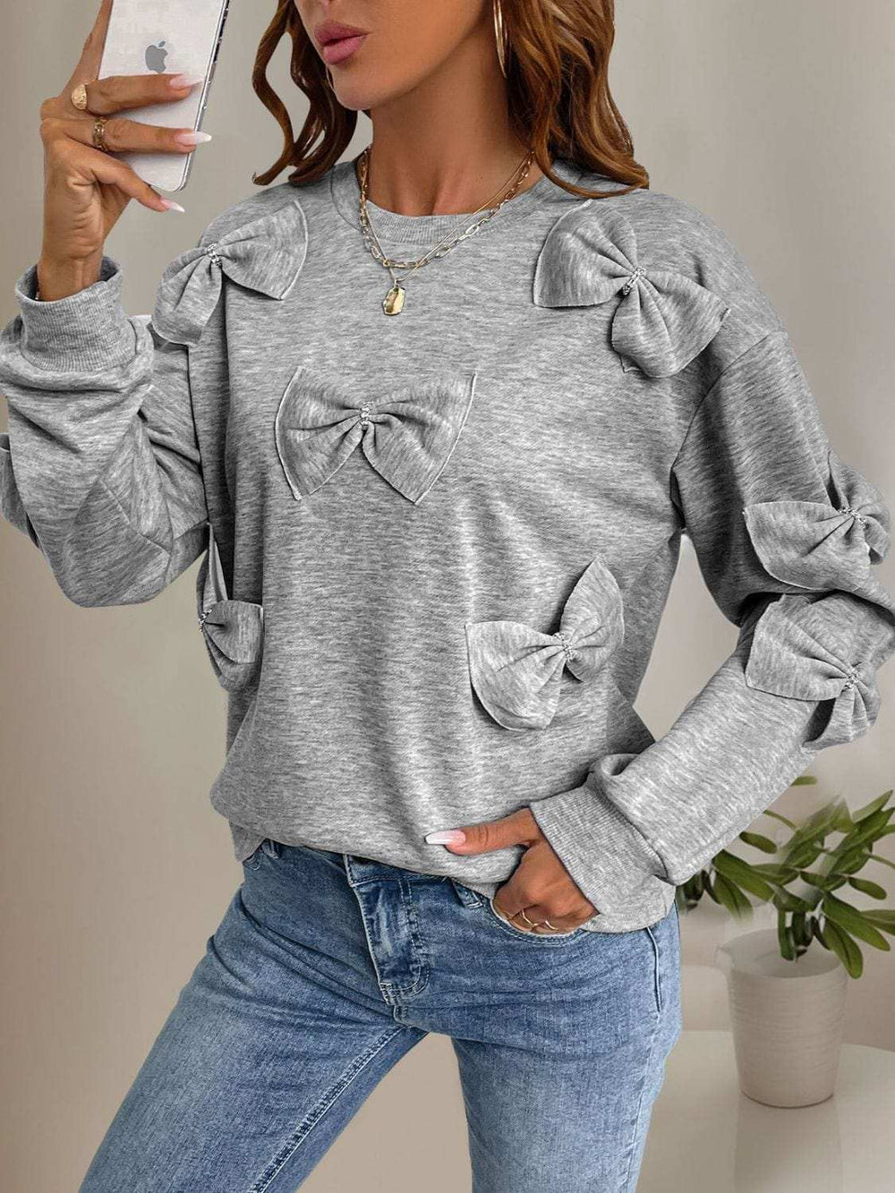 Perfee Bow Round Neck Long Sleeve Sweatshirt - Trendsi - Flyclothing LLC