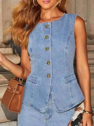 Button Down Vest and Wide Leg Jeans Denim Set - Trendsi - Flyclothing LLC