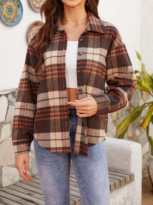 Plaid Button Up Long Sleeve Jacket - Trendsi - Flyclothing LLC