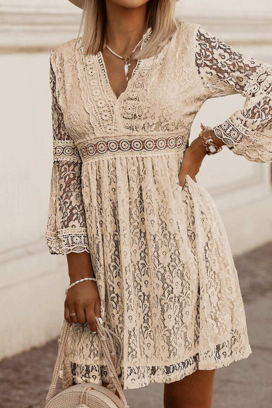 Lace V-Neck Three-Quarter Sleeve Dress - Trendsi - Flyclothing LLC