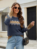Contrast Round Neck Long Sleeve Sweater - Trendsi - Flyclothing LLC