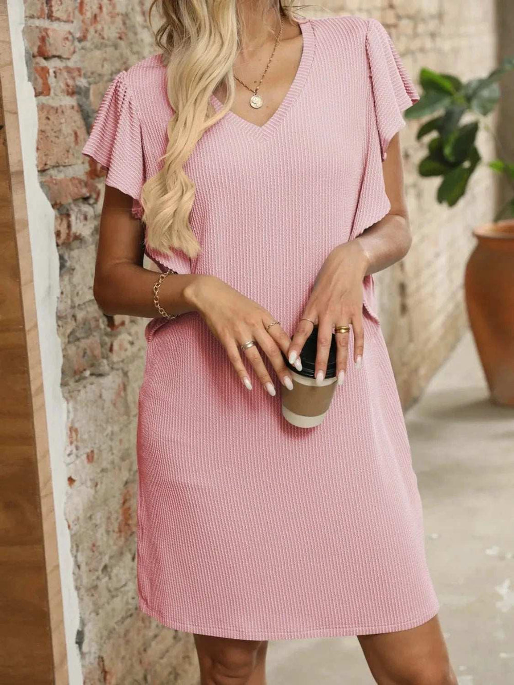 Ruffled V-Neck Cap Sleeve Mini Dress - Trendsi - Flyclothing LLC