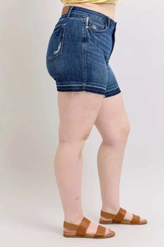 Judy Blue Full Size High Waist Tummy Control Destroy Release Hem Denim Shorts Plus Size - Trendsi - Flyclothing LLC