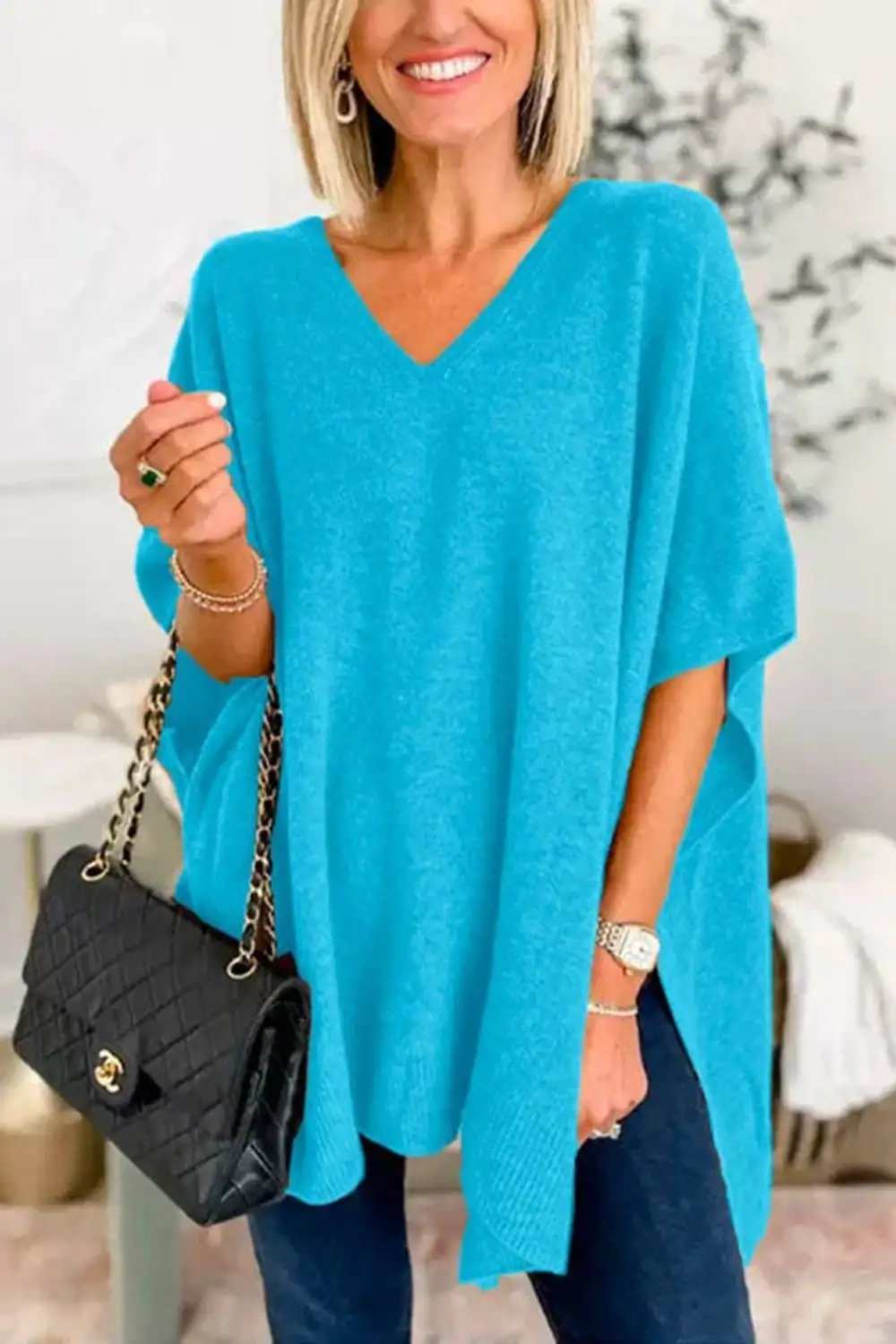 Slit V-Neck Half Sleeve Knit Top - Trendsi - Flyclothing LLC