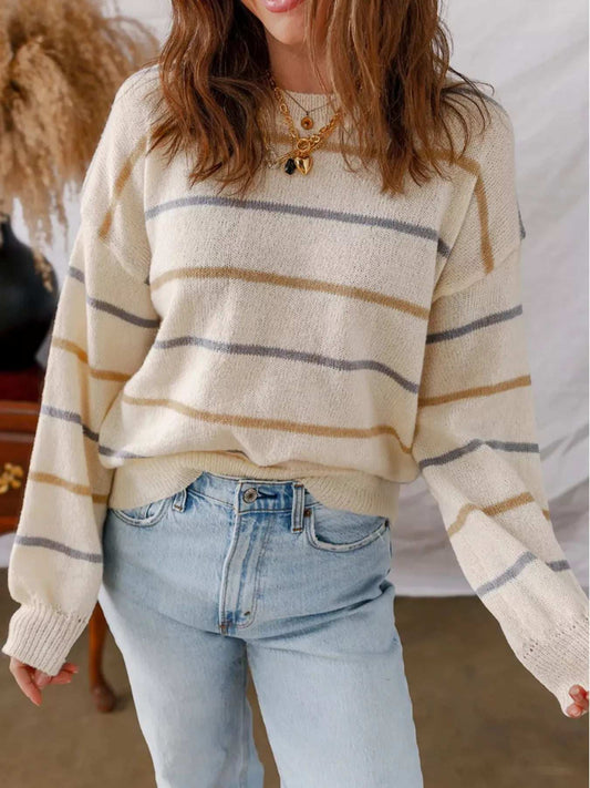 Striped Round Neck Drop Shoulder Sweater - Trendsi - Flyclothing LLC