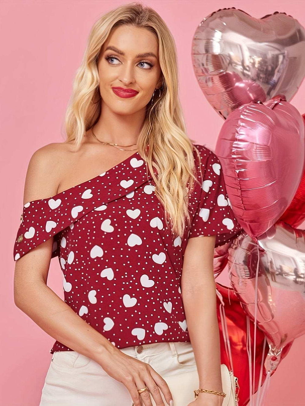 Heart One Shoulder Short Sleeve T-Shirt - Trendsi - Flyclothing LLC