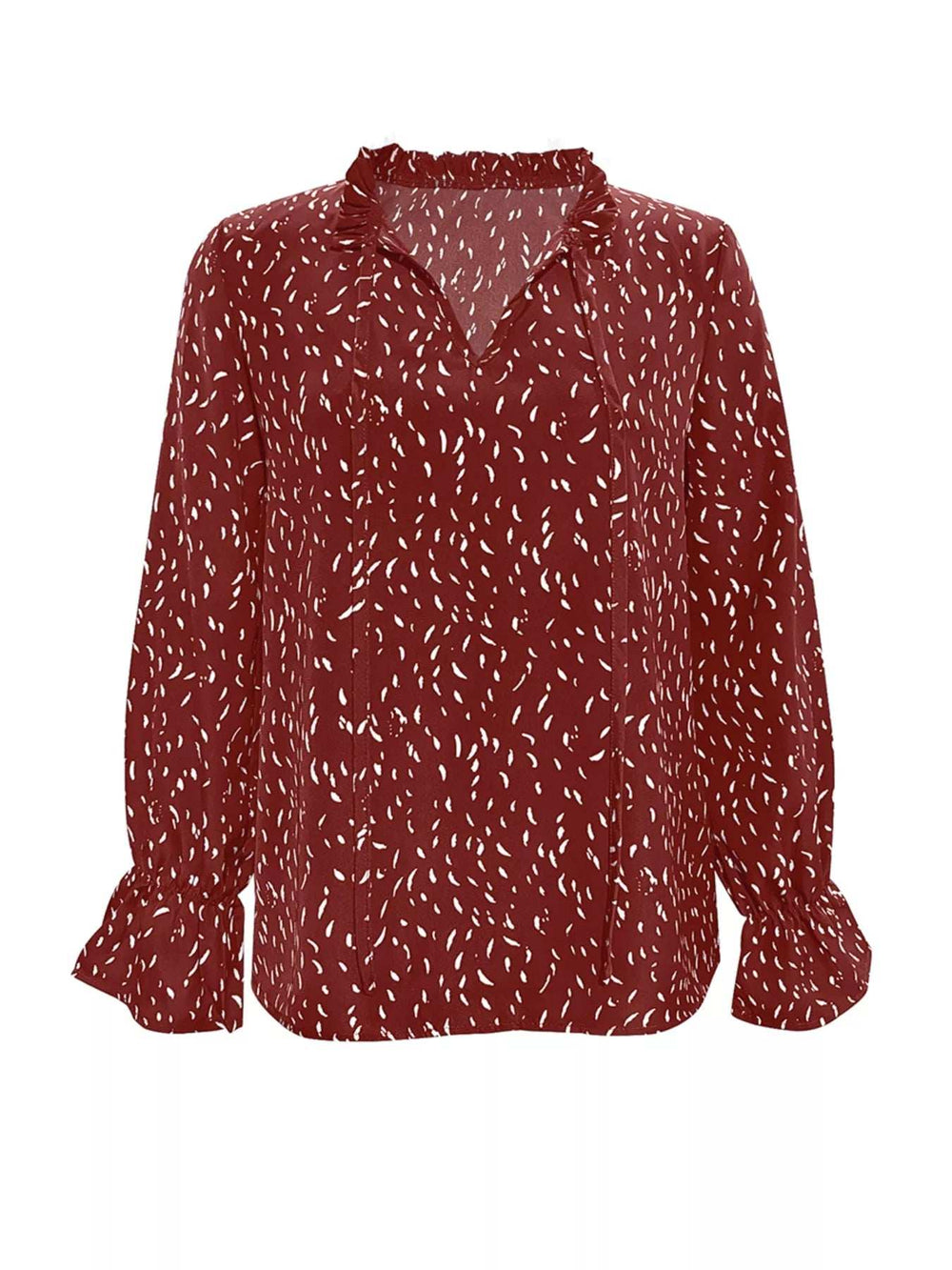 Ruffled Printed Tie Neck Long Sleeve Blouse - Trendsi - Flyclothing LLC