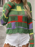 Openwork Color Block Round Neck Sweater - Trendsi - Flyclothing LLC