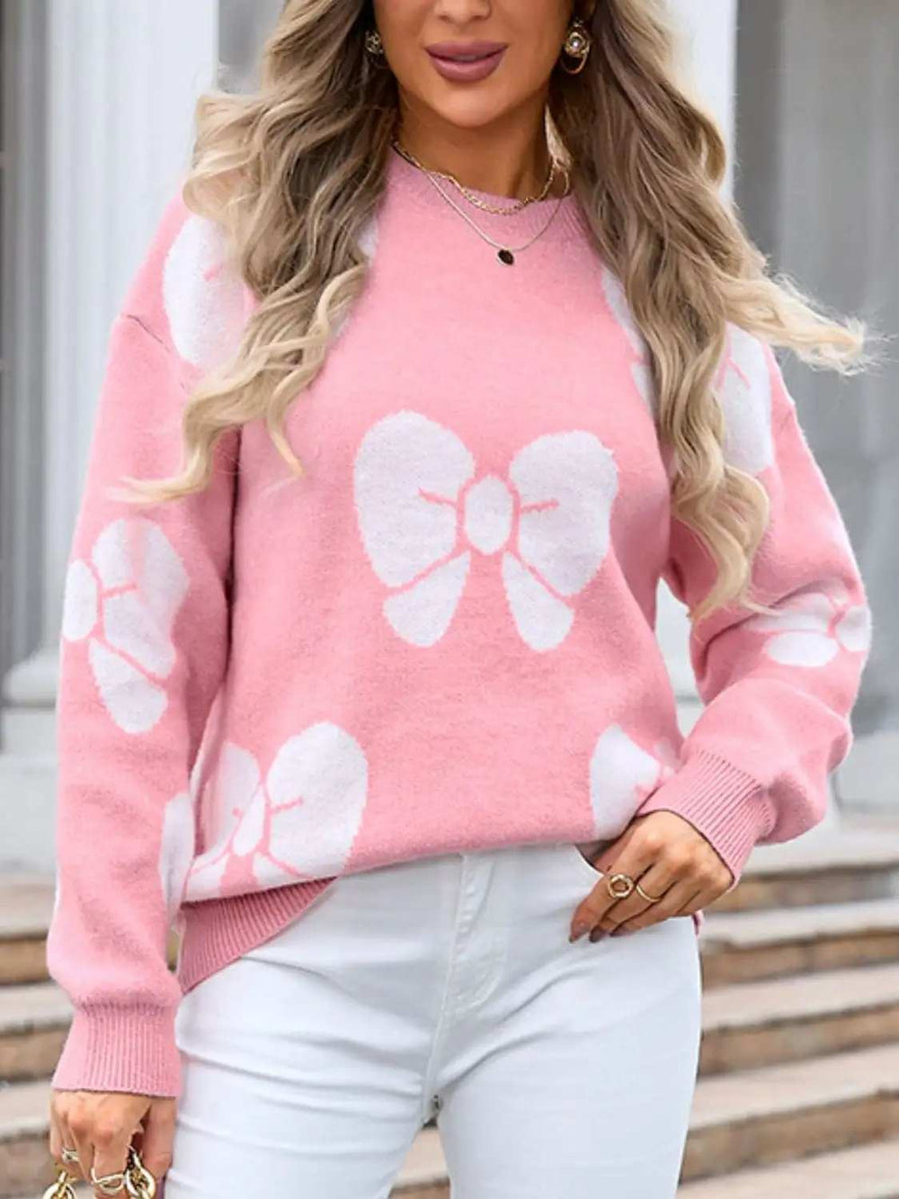 Angel Wings Bow Round Neck Dropped Shoulder Sweater - Trendsi - Flyclothing LLC
