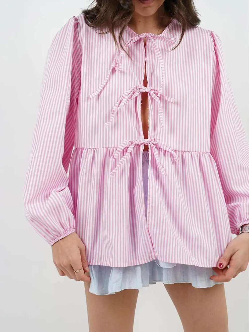 Tied Round Neck Long Sleeve Blouse - Trendsi - Flyclothing LLC