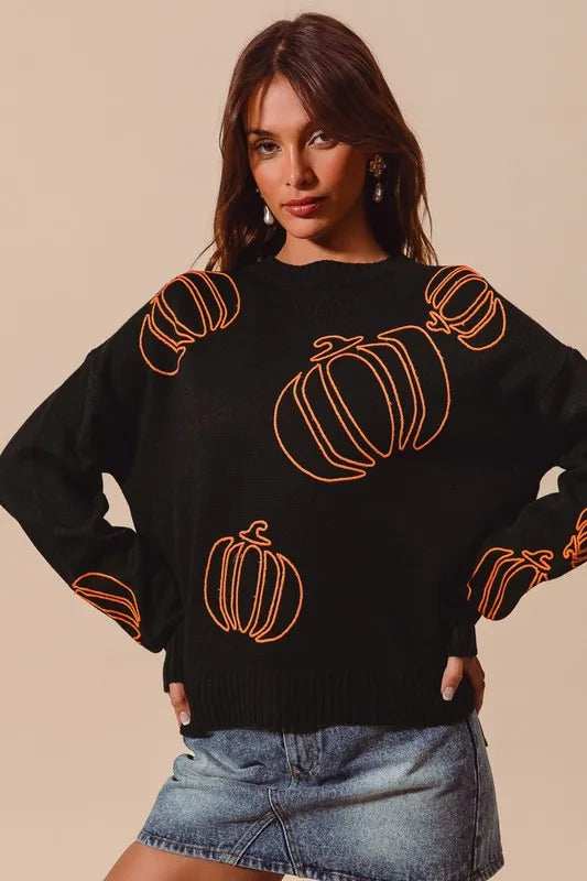 SO ME Pumpkin Embroidered Halloween Thanksgiving Sweater - Trendsi - Flyclothing LLC