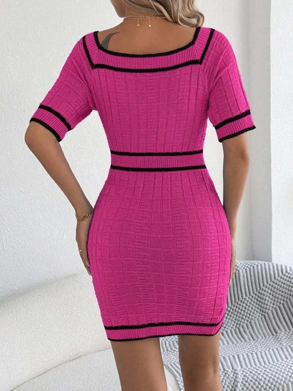 Decorative Button Short Sleeve Sweater Dress - Trendsi - Flyclothing LLC