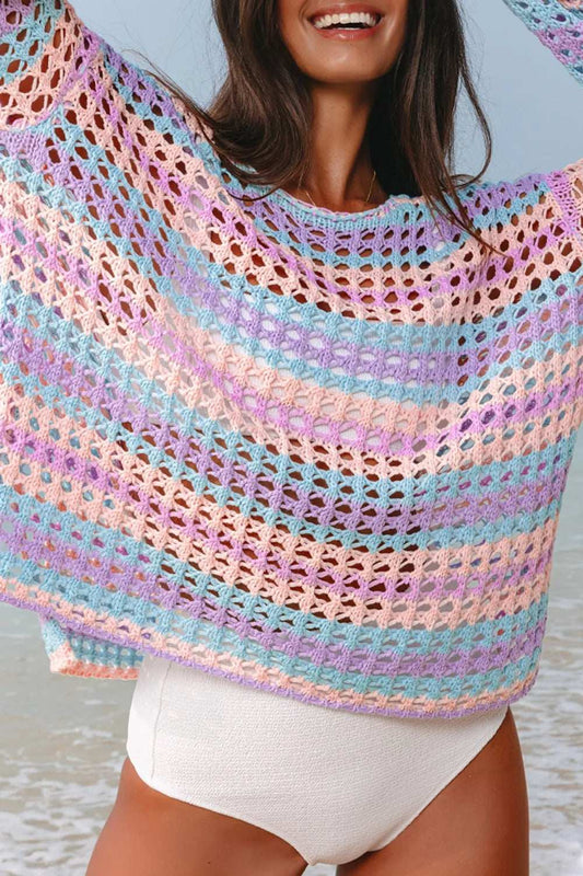 Openwork Side Slit Round Neck Striped Cover Up - Trendsi - Flyclothing LLC