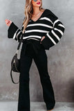 Striped Johnny Collar Long Sleeve Sweater - Trendsi - Flyclothing LLC