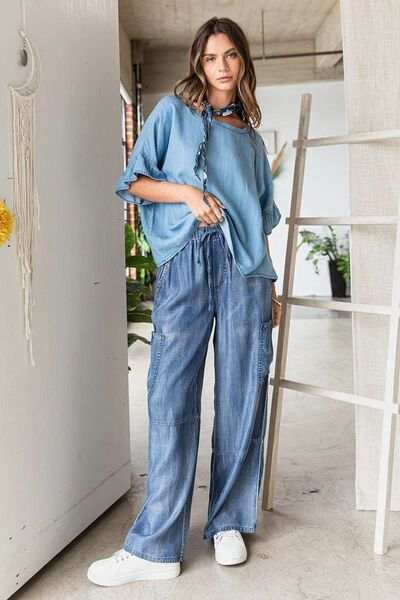 Mittoshop Washed Elastic Waist Cargo Wide Leg Pants - Trendsi - Flyclothing LLC