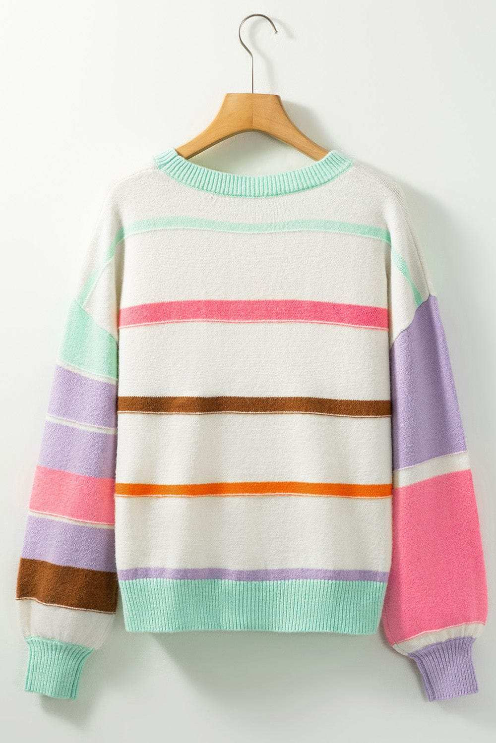 Contrast Striped Round Neck Drop Shoulder Sweater - Trendsi - Flyclothing LLC