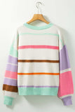 Contrast Striped Round Neck Drop Shoulder Sweater - Trendsi - Flyclothing LLC