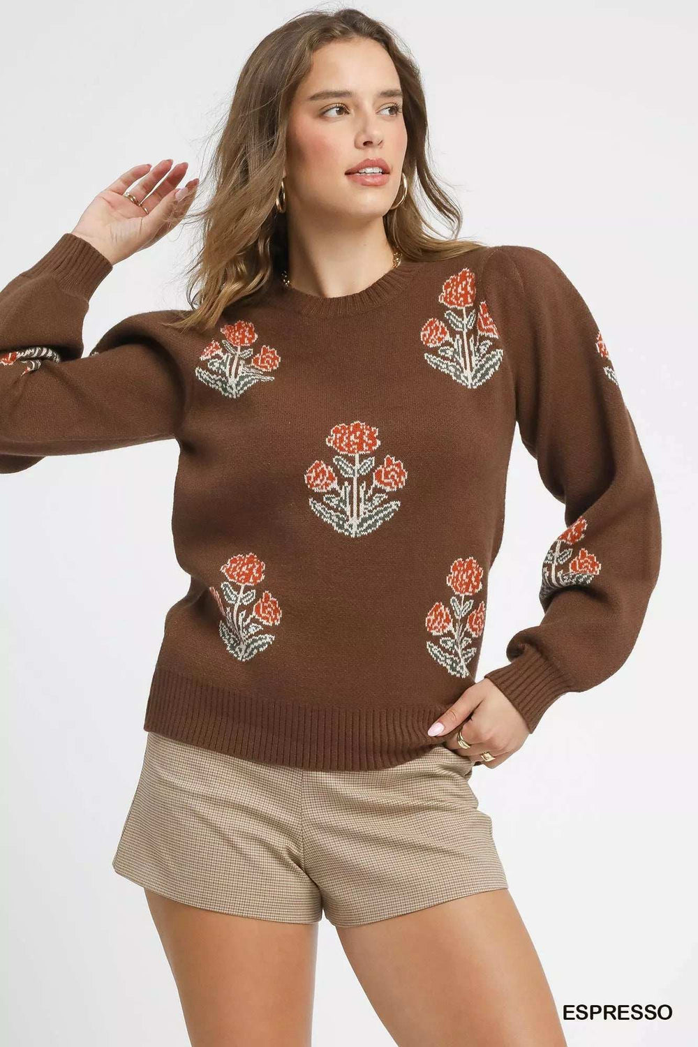 Umgee Floral Knit Sweater with Puff Sleeves - Trendsi - Flyclothing LLC