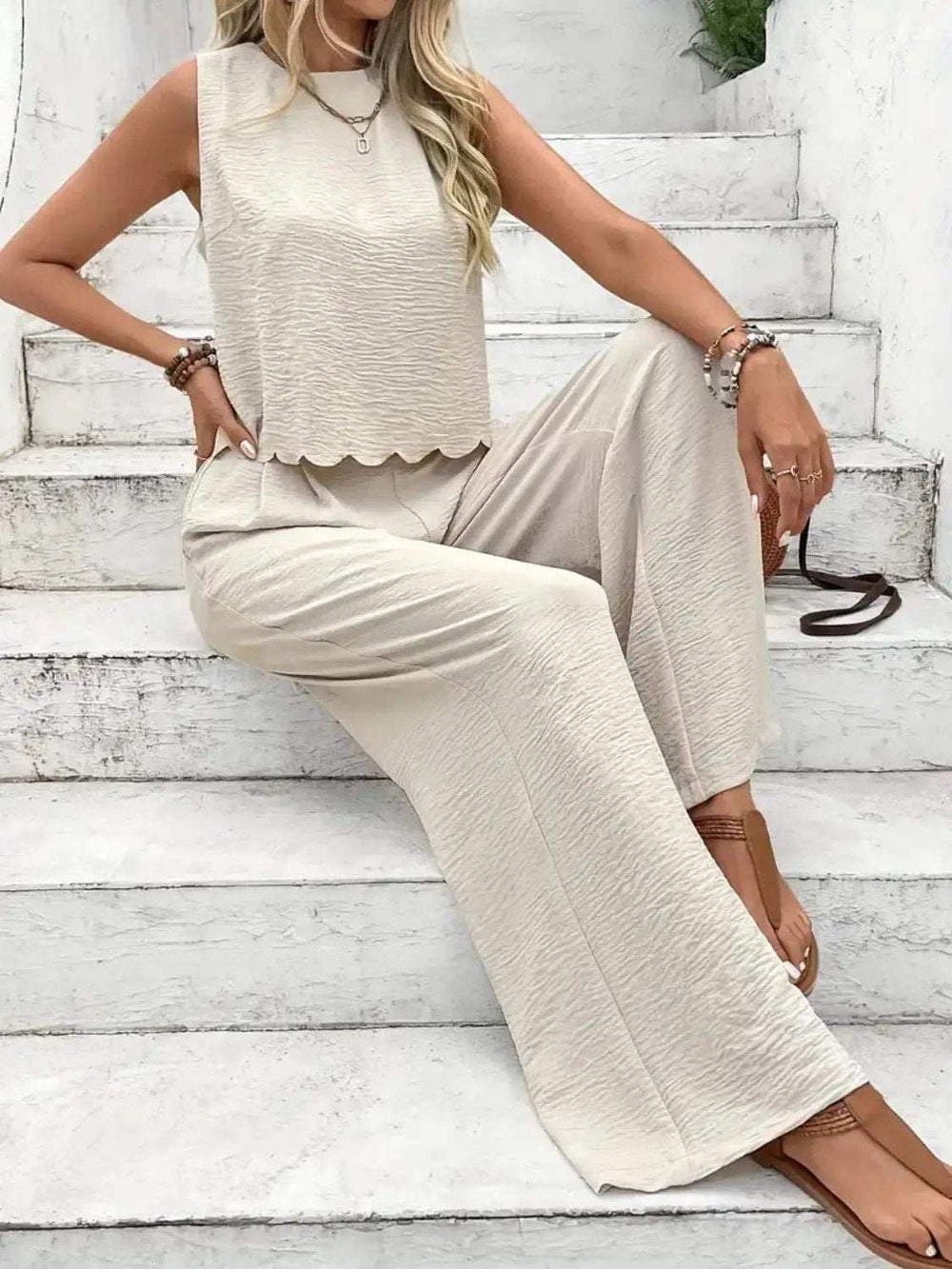 Tie Back Round Neck Top and Pants Set - Trendsi - Flyclothing LLC
