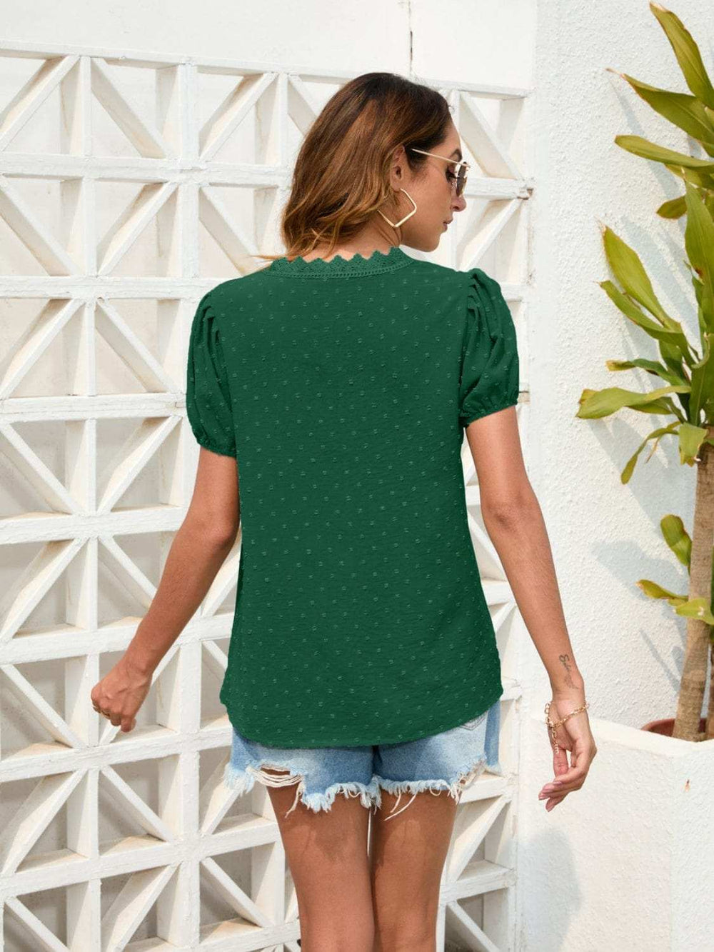 Swiss Dot Lace Detail V-Neck Blouse - Trendsi - Flyclothing LLC