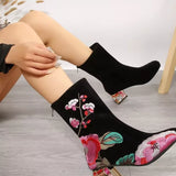 Floral Embroidered Rhinestone Block Heel Boots - Trendsi - Flyclothing LLC