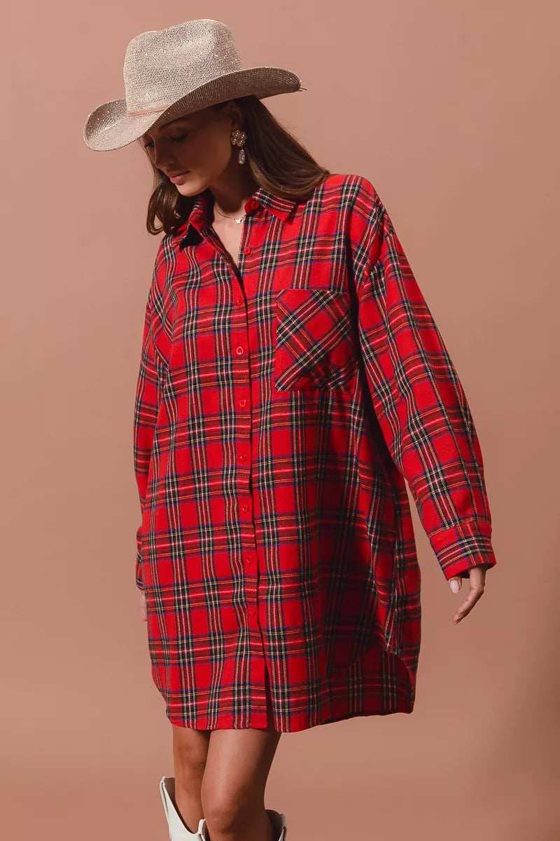 SO ME Christmas Checker Plaid Button Up Shirt Dress - Trendsi - Flyclothing LLC