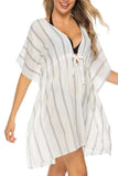 Drawstring Striped V-Neck Cover-Up - Trendsi - Flyclothing LLC