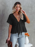 Tied Plunge Short Sleeve Blouse - Trendsi - Flyclothing LLC