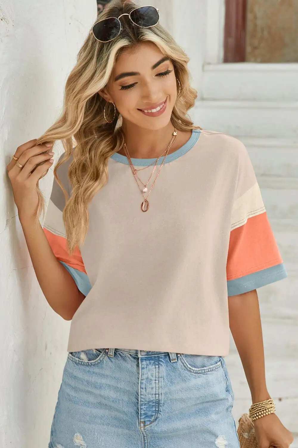 Lovelet Color Block Round Neck Half Sleeve T-Shirt - Trendsi - Flyclothing LLC