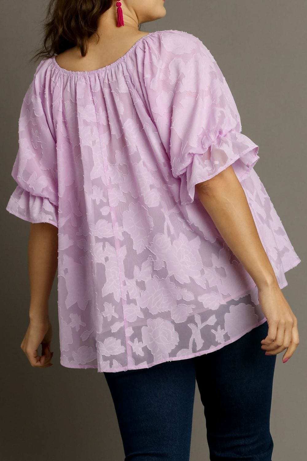 Umgee Full Size Jacquard Round Neck Ruffled Puff Sleeve Blouse Plus Size - Trendsi - Flyclothing LLC