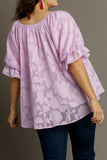 Umgee Full Size Jacquard Round Neck Ruffled Puff Sleeve Blouse Plus Size - Trendsi - Flyclothing LLC