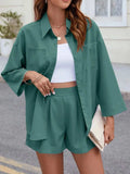 Button Up Long Sleeve Top and Shorts Set - Trendsi - Flyclothing LLC