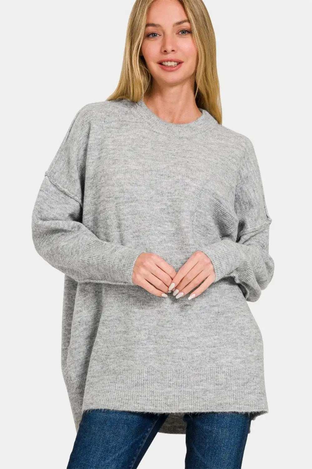 Zenana High-Low Hem Drop Shoulder Sweater - Trendsi - Flyclothing LLC
