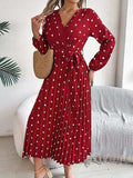 Tied Polka Dot Long Sleeve Midi Dress - Trendsi - Flyclothing LLC