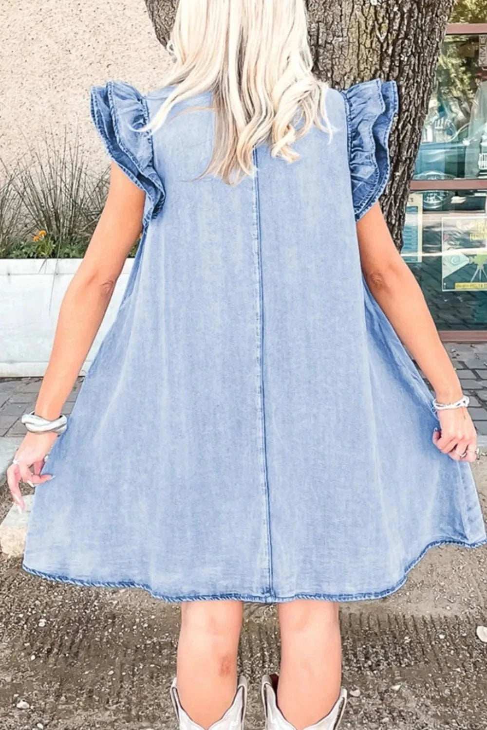 Ruffled Button Front Cap Sleeve Denim Dress - Trendsi - Flyclothing LLC
