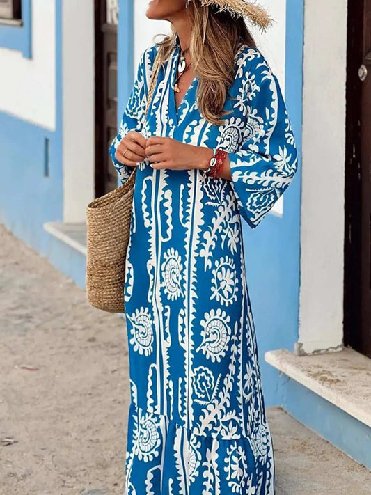Printed Notched Half Sleeve Maxi Dress - Trendsi - Flyclothing LLC